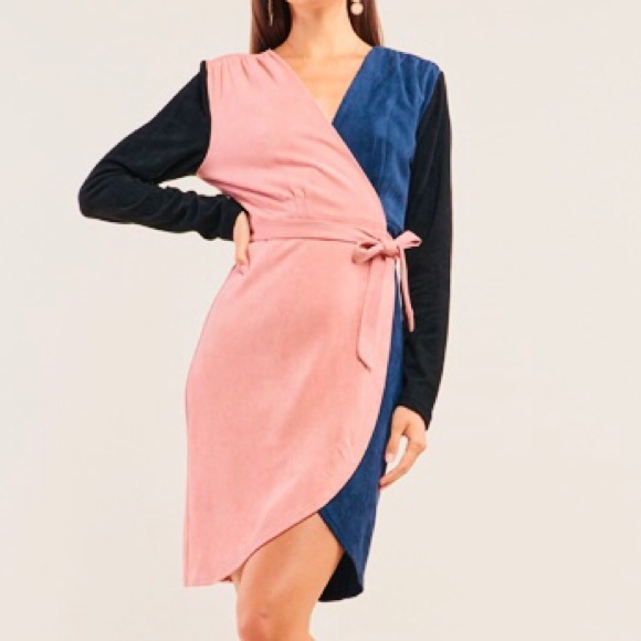 SugarLips Color Block Suede V-Neck Wrap Dress - Picture 3 of 5